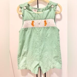 Green Gingham Smocked Jon Jon with Orange Seahorse Embroidery